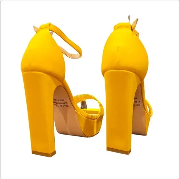 Mustard Platform High Heels With Ankle Strap Open Toe Design Faux Leather Finish - Picture 3 of 9